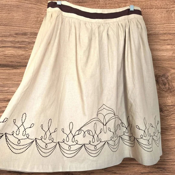Linen Peasant Skirt Beige w Brown Embroidery  Knee Length / Sz 12 - Picture 7 of 11